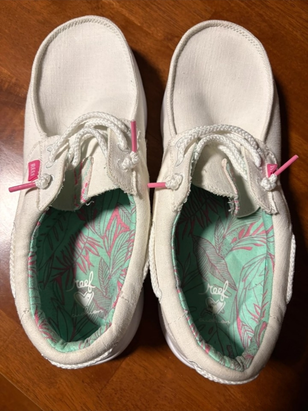 Reef White Canvas Flats with Mint and Pink Floral Insole